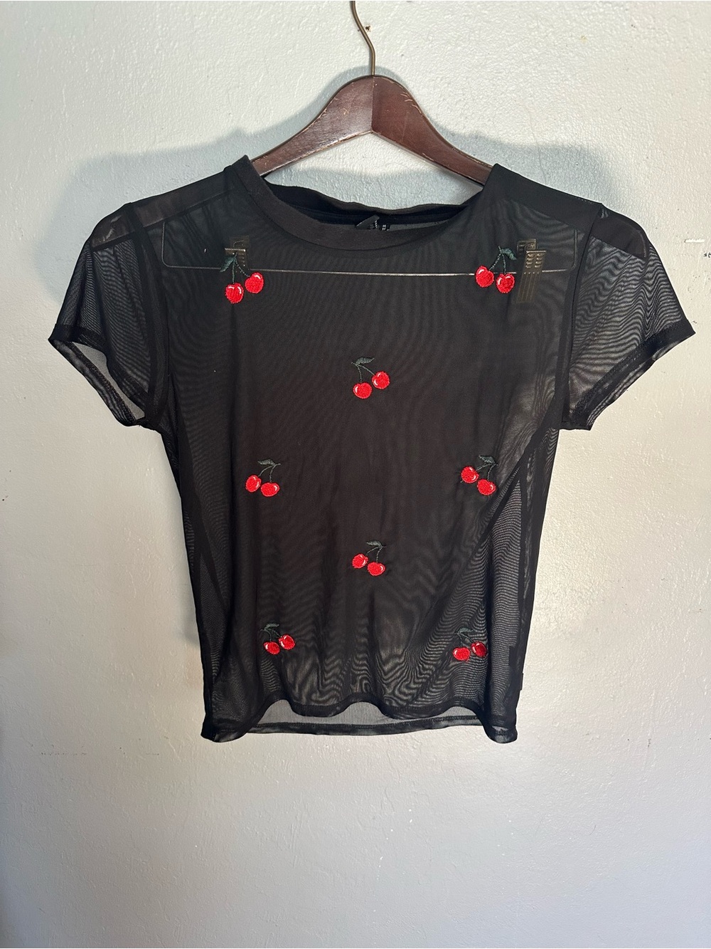 Volcom Black Sheer Mesh Tee with Red Cherry Embroidery